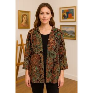 Haute Society Boho Sheer Kimono Jacket Sz S – Mandala Print, Open Front artsy